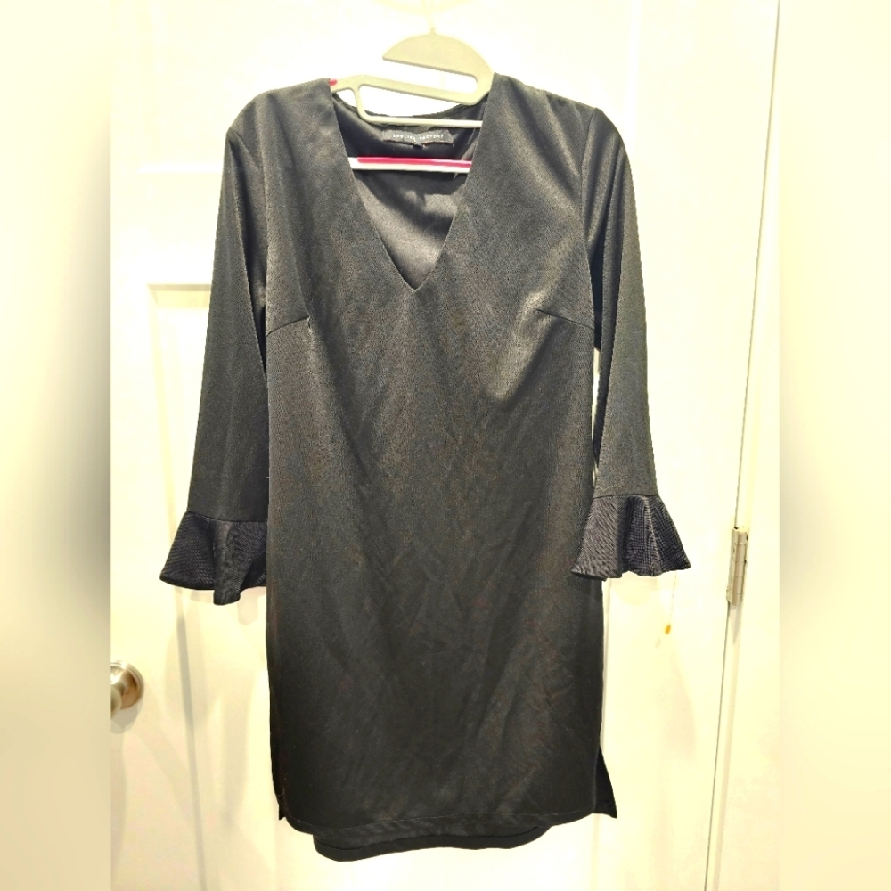 English Factory Black Shift Dress M – Flounce Sleeves & Tie-Back Neck